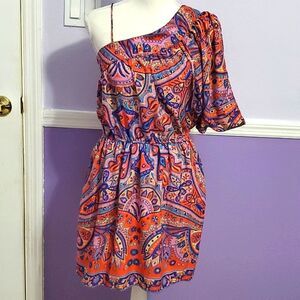 Angie Colorful Paisley One Shoulder Bat Sleeves Flowy Mini Dress M Boho Party